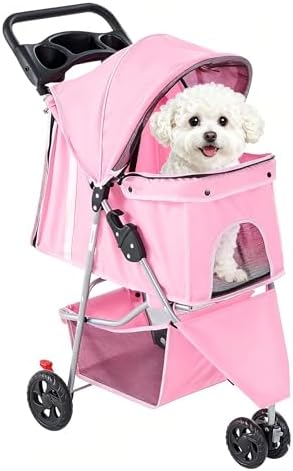 3 Wheels Pet Stroller,Storage Basket and Cup Holder, Breathable Mesh, Waterproof and Foldable for Small/Medium Dogs and Cats Strollers, Lightweight Travel Carrier for Daily Walks & Outdoor，Pink