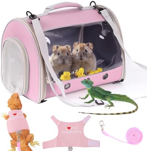 Small Animal Travel Backpack Carrier,Portable Bearded Dragon Bag for Sugar Glider,Hedgehog,Rat,Bunny,Rat,Outdoor Used (Pink, Carrier L+ I Leash)