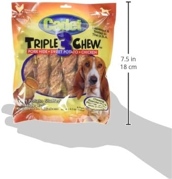 Cadet Gourmet Triple Chews Long-Lasting Pork Hide Sticks with Sweet Potato and Chicken,Healthy Dog Treats for Small & Large Dogs,6 Count (Pack of 2)
