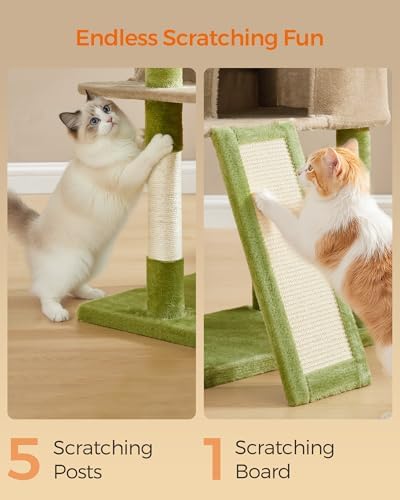 Feandrea Cat Tree, 45.3-Inch Cute Cat Tower, Climbing Condo, Green & Brown