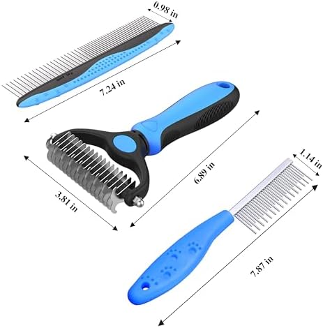 4 Pack Pet Grooming Combo - Blue Deshedding Brush,With Metal Comb,Bath Brush, With Long & Short Stainless Steel Teeth Depilatory Comb For Detangling And Dematting Long, Matted Fur On Cats And Dogs