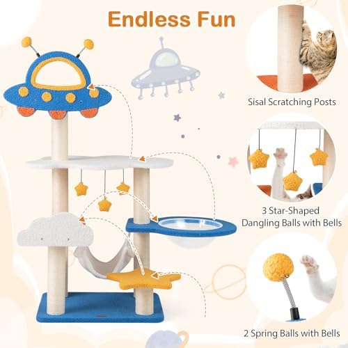 PETSITE 49-inch Cat Tree for Indoor Cats, Space-Themed Multi-Level Cute Cat Tree Tower with Sisal Scratching Posts, UFO Top Perch, Space Capsule, Cloud & Star Platforms, Dangling & Spring Balls