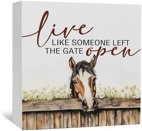 Horse Signs - Farm Cottagecore Animal Office Kitchen Bedroom Decor,Rustic Farmhouse Live like Someone Left the Gate Open Home Decor Wooden Signs,Horse Gifts for Women,8x8