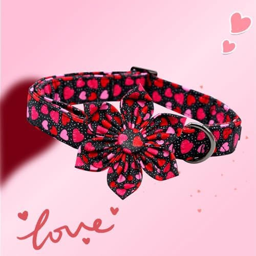 Dog Collar - Valentine's Pet Collar with Flower for Dogs Heart Print Flower Adjustable Puppy Collar Girl Pet Gift Collars for Medium Small Large Dogs