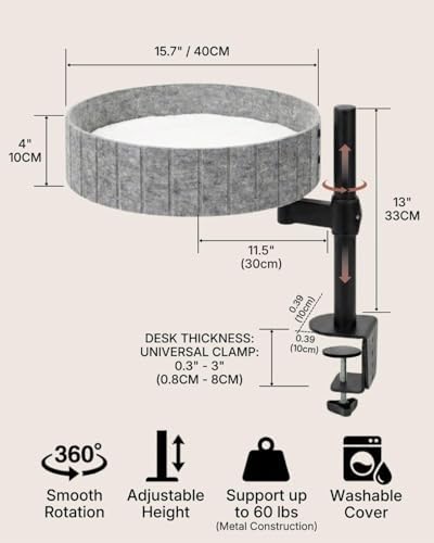 Felt Desk Cat Bed, Gray Felt with White Plush Interior, Adjustable Height Stand