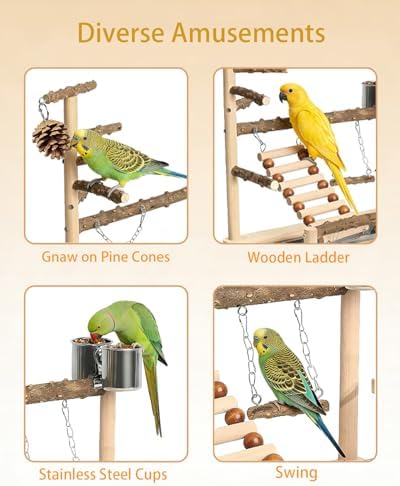 Natural Wooden Bird Playground Set - Bird Cage Accessories with Perches, Ladder & Swing, Safe Natural Wood Activity Center for Small to Medium Birds (Parakeet, Conure, Budgie, Cockatiel)