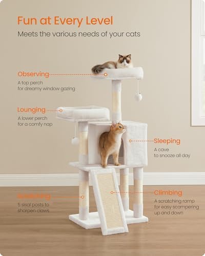 Feandrea Cat Tree, 45.3-Inch Cute Cat Tower, Plush Climbing Condo, White