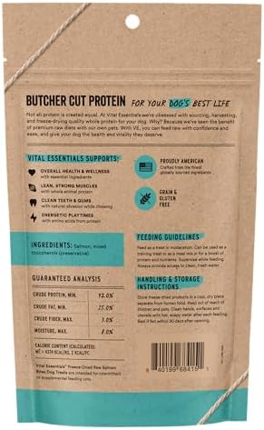 Vital Essentials Freeze Dried Dog Treats, Salmon Bites, 2.5 oz Bag