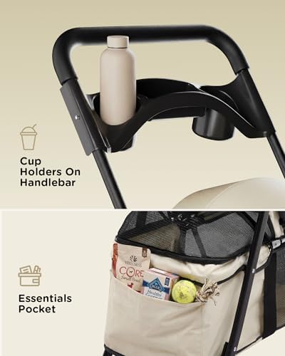 GTPLAYER Foldable Pet Stroller for Small Dogs and Cats, Holds Up to 33 lb, 4-Wheel Stroller with 2 Safety Tethers, Breathable Mesh, Lockable Front Wheels, Cup Holder/Tray & Storage Pocket, Cream