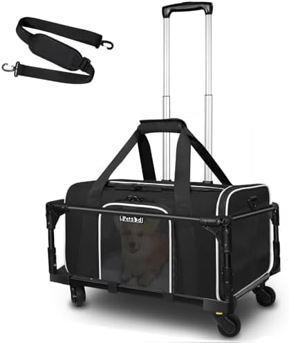 Petskd Small Pet Carrier 18"x11"x11" with Wheels Airline Approved, Black