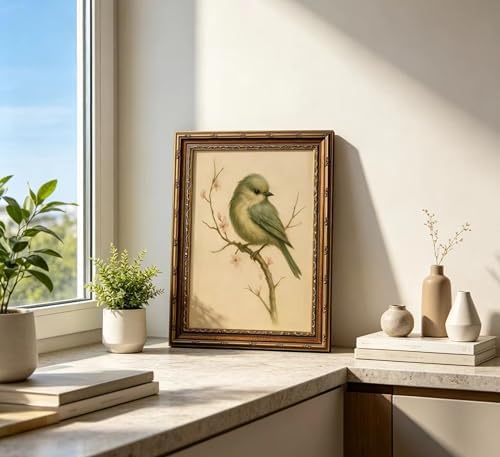 Vintage Gold Framed Bird Wall Art, Watercolor Spring Cherry Blossom Canvas Print, Antique Neutral Floral Wall Decor, Retro Cottagecore Picture Poster Artwork for Nursery Bedroom Living Room