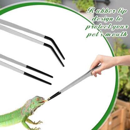 Lasnten 2 Pcs Extra Long Stainless Steel Reptile Feeding Tongs with Rubber Tip 15 Inch Bearded Dragon Aquarium Straight and Curved Long Tweezer Terrarium Feeder Tool for Tank(Silver)