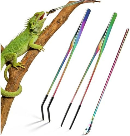 OLIISS Stainless Steel Reptile Feeding Tongs and Spoon Set - 10.6" Straight & Curved Tweezers for Aquariums & Crafts - Feeder Tools for Bearded Dragons & Lizards - Terrarium Tank Supplies