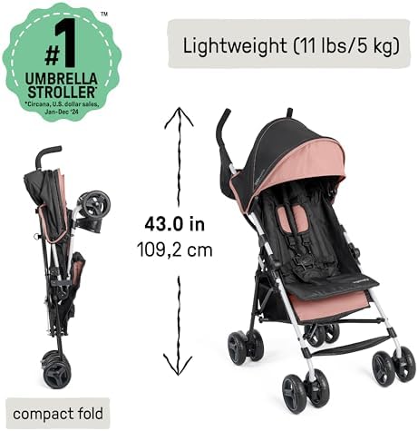 Ingenuity 3D Mini Convenience Stroller – Lightweight Stroller, Compact Fold, Multi-Position Recline, Canopy with Pop Out Sun Visor and More – Umbrella Stroller for Travel, Dusty Rose Pink