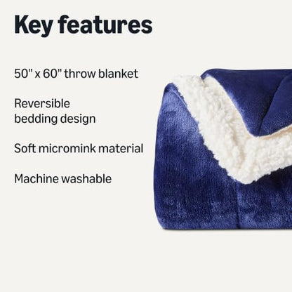 Amazon Basics Reversible Sherpa Throw Blanket, Warm for Bed and Couch, 50"x60", Navy