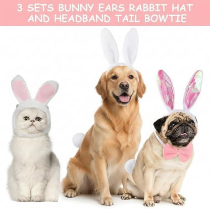 Weewooday 3 Set Dog Bunny Ears Easter Costume, Dog Headband Cat Rabbit Ear Hat Cute Pet Bow Collar Puppy Tail for Pet Easter Party Costume Accessories Supplies(Vivid)