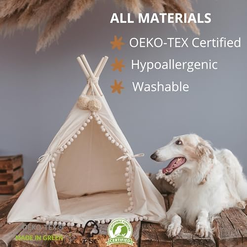 MINICAMP Pet Teepee Bed for Dogs and Cats – Cozy Indoor Dog Tent with Natural Cotton– Luxury Pet House & Hideaway Bed for Small to Large Dogs, Cats & Small Animals - Made in EU (Large)