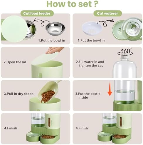 Automatic Cat Feeder Stainless Steel Water Dispenser Gravity Food Feeder and Waterer Set with Pet Food Bowl for Small Medium Kitten Puppy Pets Large Capacity(Green)