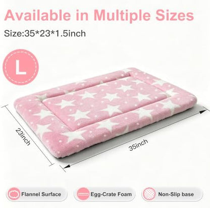 Dog Bed Mat, Reversible Crate Pad & Durable Dog Bed - Machine Washable Kennel Mat with Ultra Soft for Large Dogs (Big&Small Stars Pink, 35" L*23" W*1.5" Th)