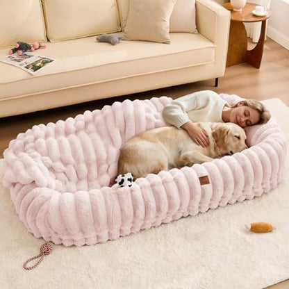 ChiXnuggle Orthopedic Human Dog Bed,Striped Faux Fur Washable Cover,Blanket