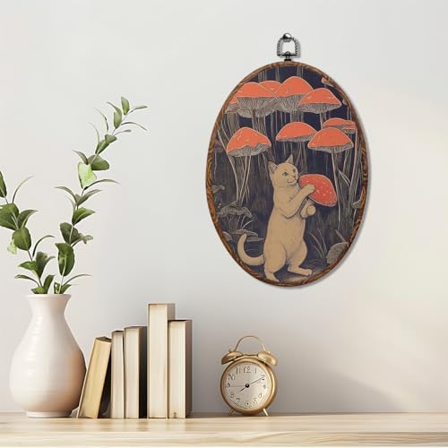 Vintage Cat Mushroom Oval Framed Wall Art, Whimsical Cat Canvas Art Wall Decor，Fantasy Forest Hanging Decor Painting Artwork for Home Office Bathroom Living Room Bedroom Decoration 8.3x12inch