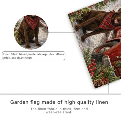 Christmas Labrador Garden Flag 12x18 Inch Merry Holiday Chocolate Dog Red Truck Tree Gifts Snowy Barn Rustic Farmhouse Outdoor Yard Lawn Porch Double Sided Banner Welcome Decor