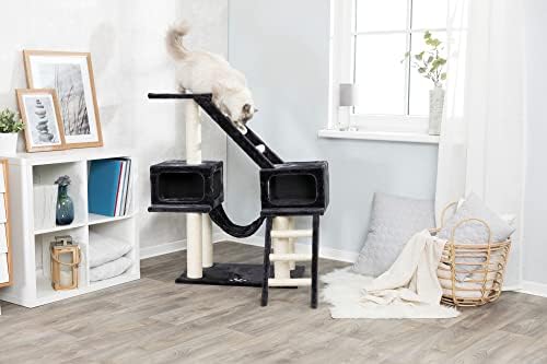 TRIXIE Malaga Cat Tower – Cat Tree with Extra-Thick Sisal Posts, Caves, Platforms & Hammock – Durable Cat Furniture for Indoor Cats – Gray, 18" x 28" x 43"