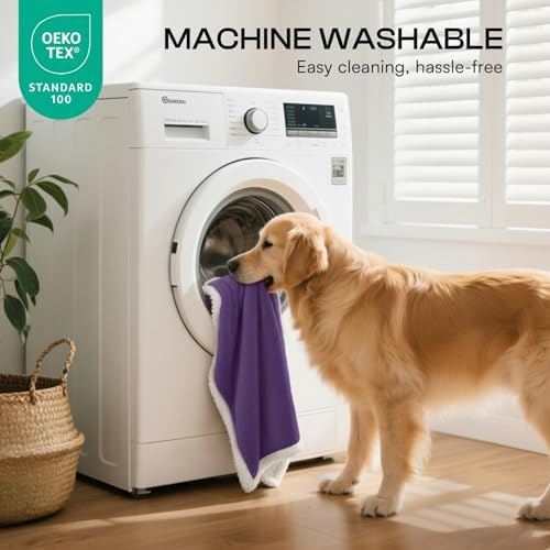Luciphia Waterproof Bed Blanket Washable,Soft Sherpa Fleece Puppy Reversible Throw Blankets for Medium Large Dog Cat,Furniture Cover Protector Couch from Liquid Pee and Pet Fur,Purple White,65" x 57"