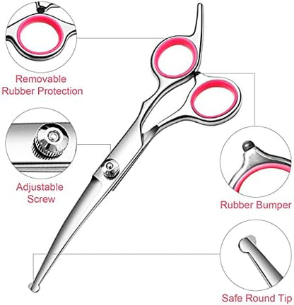 FAIGEO Dog Grooming Scissors Kit, Premium Stainless Steel Dog Shears with Curved Shears+Pink 4 Piece