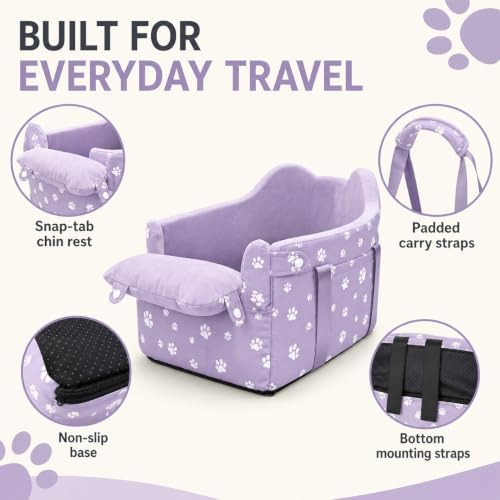 Center Console Dog Car Seat Safe Travel for Small Dogs Under 15 lbs Detachable Washable Pet Carrier with Storage Pockets & Safety Leash (Purple)