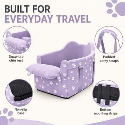 Center Console Dog Car Seat Safe Travel for Small Dogs Under 15 lbs Detachable Washable Pet Carrier with Storage Pockets & Safety Leash (Purple)