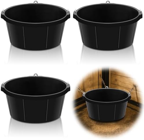 Maxdot 3 Pcs Corner Feed Pan Rubber Tub with Hanging Hooks 6.5 Gallon/26 Quart 90° Fit Coop Horse Feeder Trough 8.3 x 17.7 in Feed Pan for Poultry Goats Horses Dog Animal Livestock Feeding
