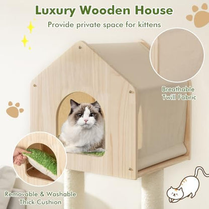 Tangkula Cat Tree Tower, Multi-Level Modern Wood Cat Tower with Sisal Scratching Posts, Jumping Platforms, Perch, Hammock, Cute Cat Condo, Tall Cat Tree for Indoor Cats Large Adult (55 Inch)