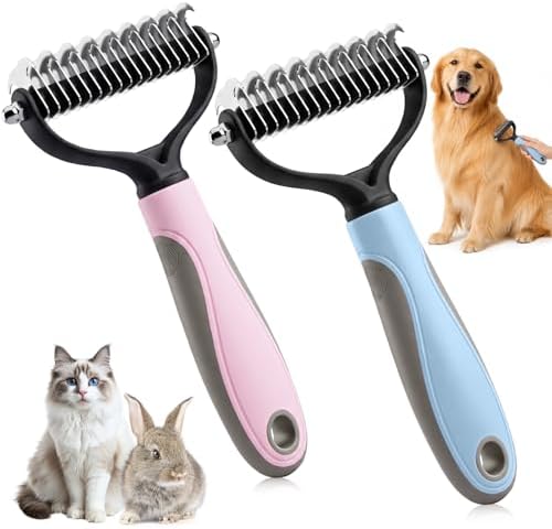 2Pcs Pet Knotter for Dogs/Cats, Double Sided Pet Grooming Brush,Undercoat Rake Pets Brush for Long Hair Professional Deshedding Tool, Pets Hair Remover Shedding(Blue+Pink, Large)