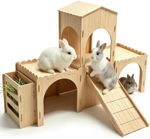Large Rabbit Castle, Large Rabbit House Wooden Bunny House with Hay Feeder, Tool-Free Assembly for Small Animal Rabbit Guinea Pig Hedgehog