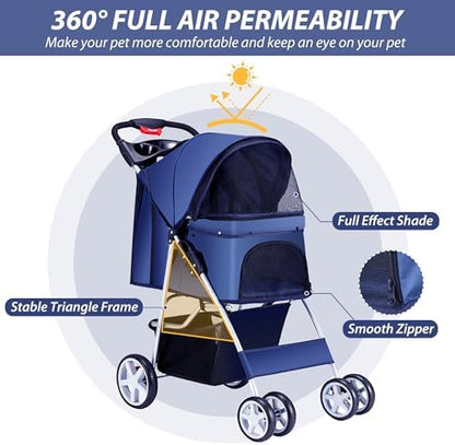 Unisakey Foldable 4-Wheel Pet Stroller for Dogs Cats 10-33lbs, Navy Blue