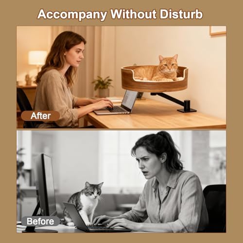 Desk Cat Bed, Elevated Cat Bed for Desk, Space-Saving Cat Hammock for Home Office, Stable & Comfortable Perch for Indoor Cats，Walnut Wood Finish