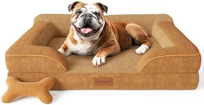 CWAWZ Dog Beds for Large Dogs, Orthopedic Dog Bed with Cooling Gel Memory Foam, Waterproof Large Pet Bed with Removable Washable Cover, 36" Pet Sofa Couch Dutch Velvet with Bone Toy, Brown