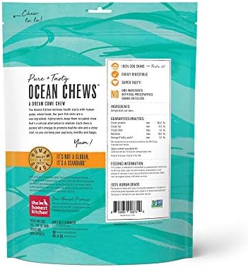 The Honest Kitchen Ocean Chews Crispy Cod Fish Skins Dog Treats, Human Grade Single Ingredient Dehydrated Fish Dog Chews for Large Dogs, High Protein Rawhide Alternative for Skin Coat, 5.5 oz
