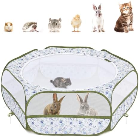 Pawaboo Small Animal Playpen with Zippered Cover, Blue + White Flower