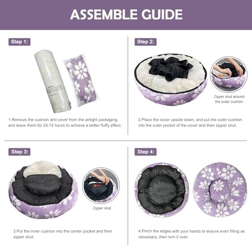 Donut Dog Beds, Calming Round Cat Beds for Indoor Cats, Purple, 23"