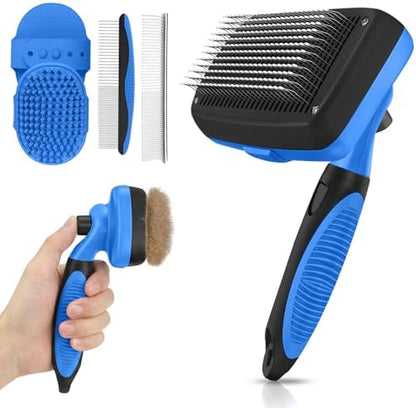 Self Cleaning Shedding Brush - 5-in-1 Professional Pet Grooming Kit Skin Friendly Grooming Tool for Dogs, Cats, and Puppies, Deshedding and Hair Removal for Long and Short Haired Pets, Blue
