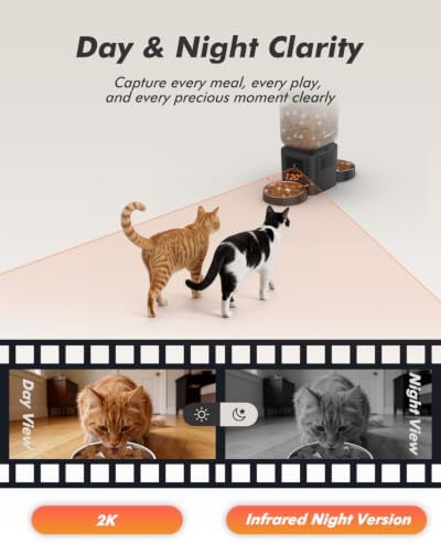 Automatic Cat Feeder for 2 Cats with 2K Cameras - 8L/ 34 Cups Dual Dog Food Dispenser for 2-18mm Dry Food, 2.4G&5G WiFi, Night Vision, 2-Way Talk, Up to 99 Portions 15 Meals Per Day, 10s Voice