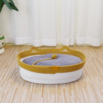 Cat Rope Basket, Handwoven Cat Beds with Plush Cushion