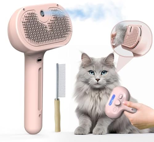 Pet Grooming Brush with Electronic Mist Spray - Gentle Deshedding Tool for Cats & Dogs, Pet Steam Brush，Reduces Shedding, Soft Bristles, Promotes Healthy Coat-Comes with a hair smoothing comb-Red