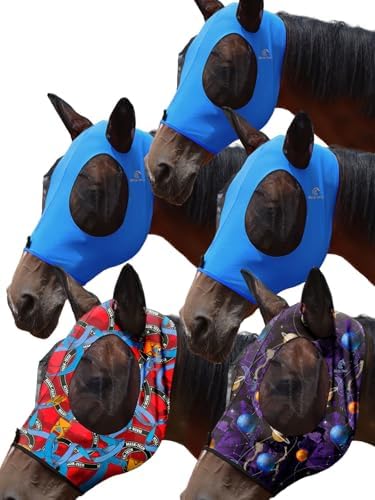 Mask Tech 5 Pieces Horse Fly Masks with Ears, Stretchy Elastic Mesh Fly Masks, 3D Eye Clearance, UV Protection-Large,Combo 17