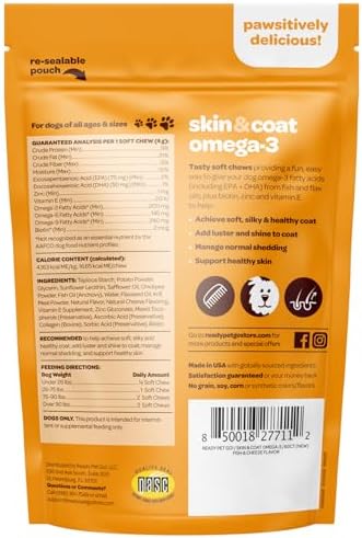 Skin and Coat Supplement for Dogs | Nourishing Omega 3 for Dogs with EPA DHA Krill Oil and Vitamin E | Dog Skin and Coat Supplement | 1 Chew up to 75lbs | NASC Certified & Made in the USA | 60 Chews