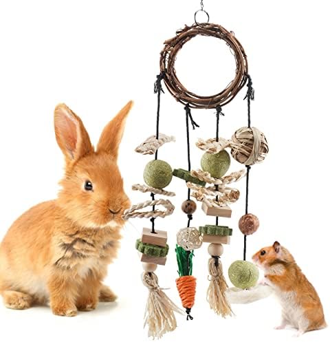 Bissap Bunny Chew Toy, Rabbits Cage Hanging Chew Toys and Treats Grapevine Wreaths Rattan Ring with Snacks for Guinea Pigs Chinchillas Hamsters Rats and Other Small Pets Teeth Grinding