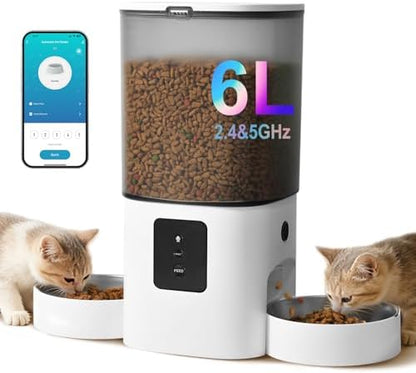 ANDOLL HOME 2.4G/5G Automatic Cat Feeder, 6L WiFi Cat Food Dispenser with 10s Voice Recorder, Double Bowl Pet Feeder up to 10 Meals per Day, Timed Feeder with Dry Food Sealed Ring (White)