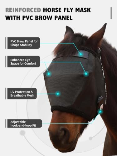 Harrison Howard Reinforced Horse Fly Mask with Mirror PVC Brow Support, Enhanced Eye Space, UV Protection Black L